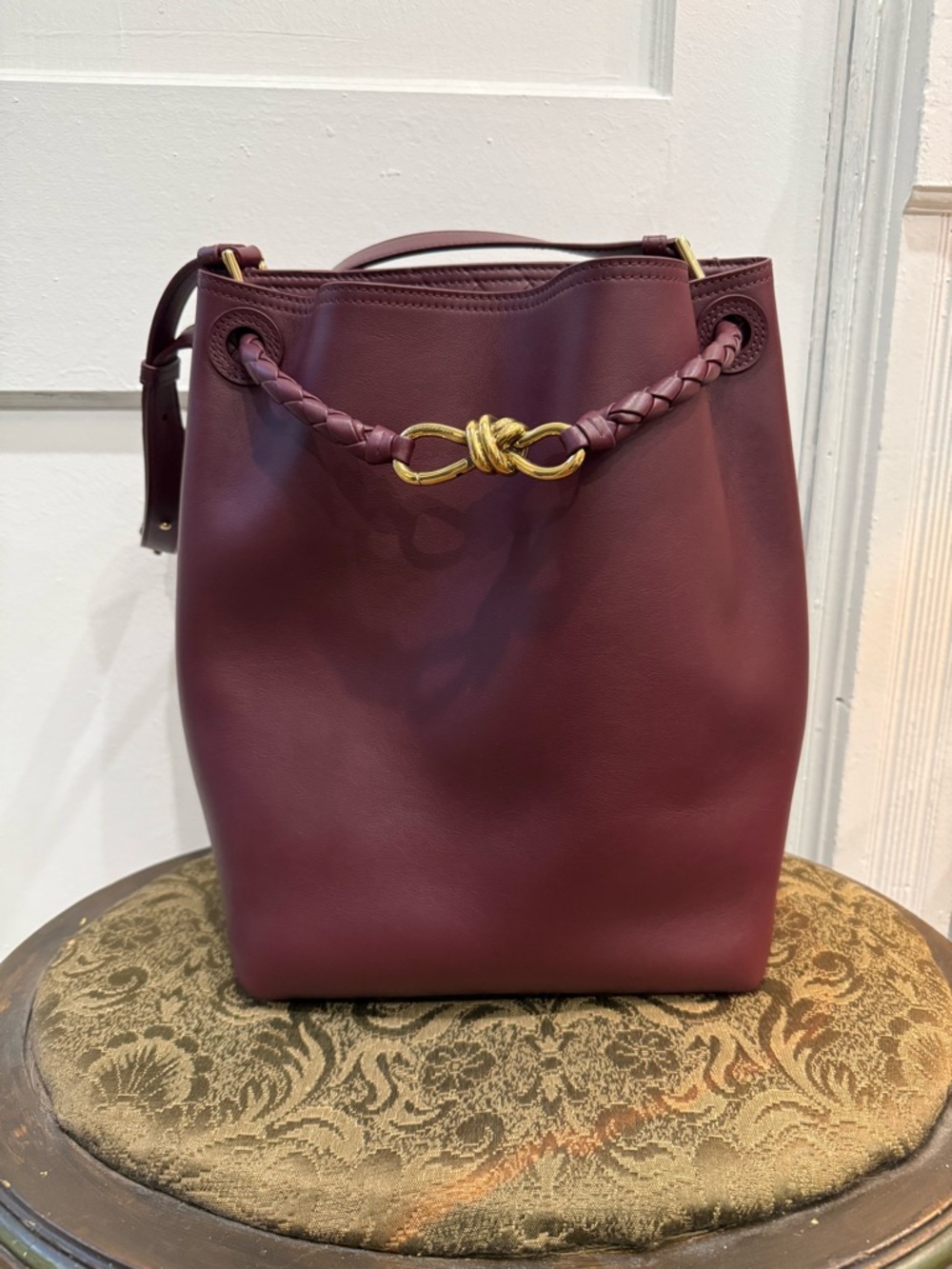 Bottega Veneta Burgundy Leather Bucket Bag with Braided Handle